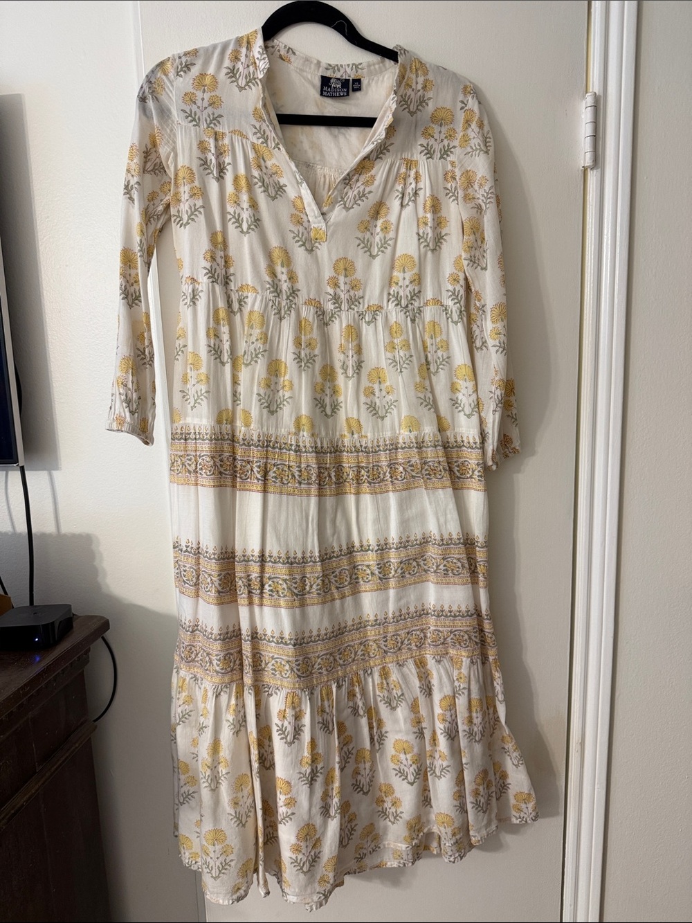Boho Cream & Yellow Floral Tiered Midi Dress